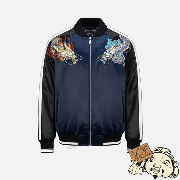 Men Evisu DRAGON EMBROIDERY SATIN PADDED SOUVENIR JACKET Bleu Marine | 325AYWPVS