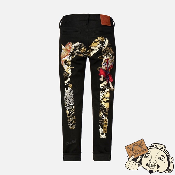 Men Evisu FISHERMAN GOD OF FORTUNE AND KOI-PATTERN DAICOCK CARROT-FIT JEANS #2017 Noir | 251JOXZKQ