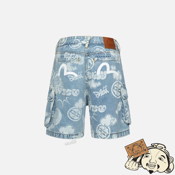 Men Evisu GRAFFITI DARUMA AND KAMON DISCHARGED PRINT DENIM CARGO SHORTS Indigo | 096PGFDVW