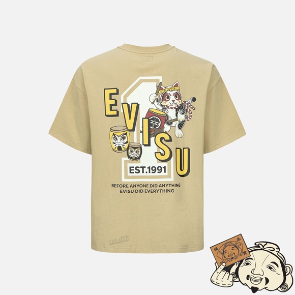 Men Evisu LUCKY CAT WITH TAIKO DARUMA PRINT T-SHIRT Beige | 496CEXULR