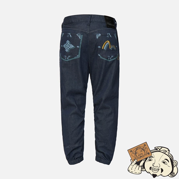 Men Evisu MONOGRAM DISCHARGE PRINT 3D JOGGER JEANS Indigo | 403DBJPGK