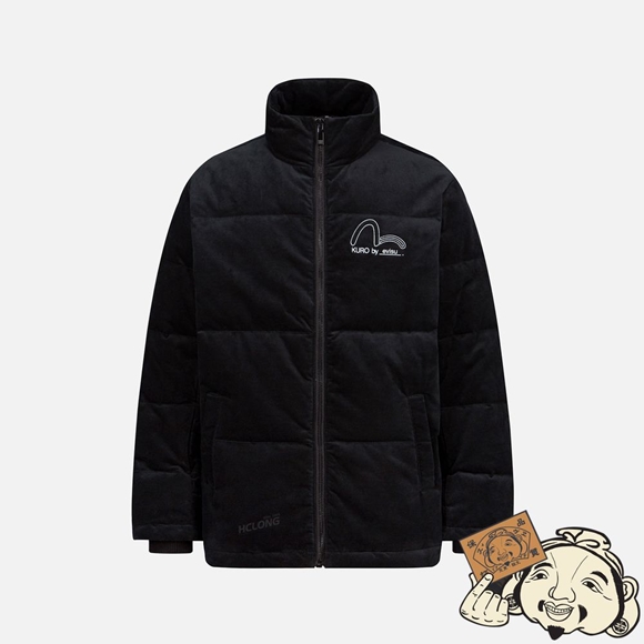 Men Evisu SEAGULL AND SLOGAN EMBROIDERED VELVET DOWN JACKET Noir | 364OMJGXL