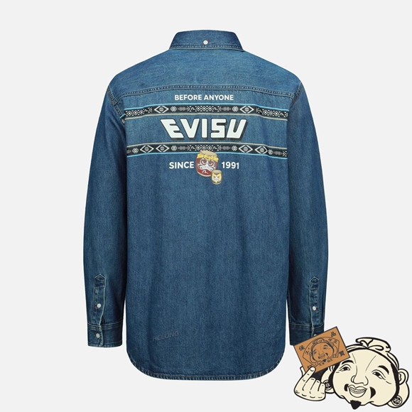 Men Evisu TAIKO DARUMA PRINT DENIM SHIRT Indigo | 687WQHPMZ