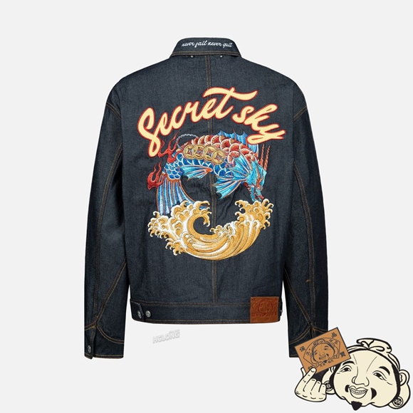 Men Evisu “KOI PLAYING IN WAVES" EMBROIDERY DENIM JACKET Indigo | 014SAGHWK