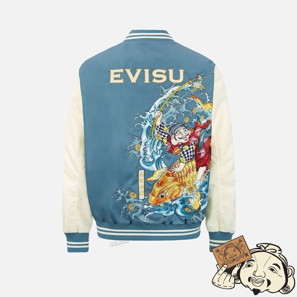 Men Evisu “THE GOD OF FORTUNE RIDING WAVES”EMBROIDERY SOUVENIR JACKET Bleu | 271GOSUHP