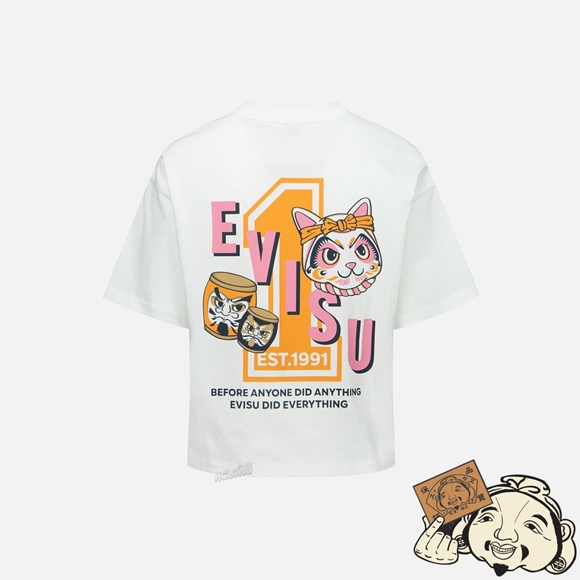 Women Evisu FORTUNE CAT WITH TAIKO DARUMA PRINT T-SHIRT Blanche | 238PFLXMC