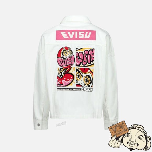 Women Evisu GRAFFITI DARUMA EMBROIDERY ZIP-UP SHIRT JACKET Blanche | 206SPIHWZ