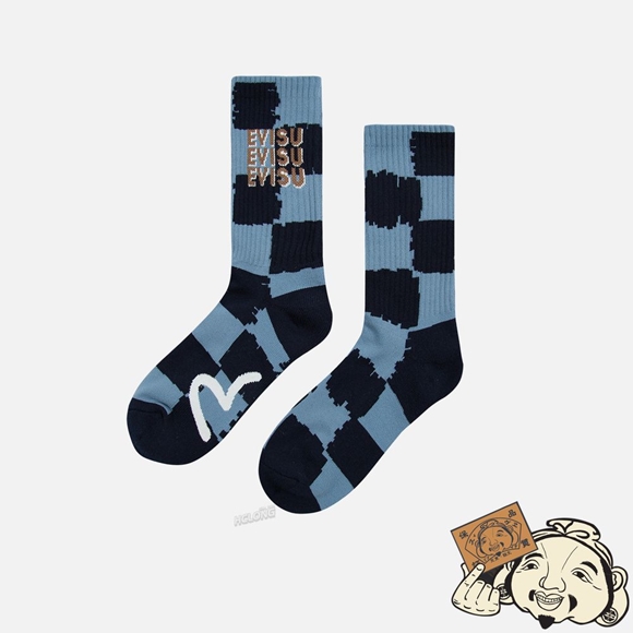 Women Evisu PATTERN AND LOGO JACQUARD LONG SOCKS Bleu | 582YBGEMQ