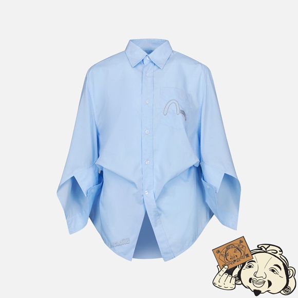 Women Evisu SEAGULL EMBROIDERY NOTCHED-SLEEVES SHIRT Bleu | 026HESWQF