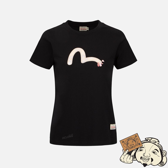 Women Evisu WAVE-PATTERN SEAGULL EMBROIDERY T-SHIRT Noir | 738NHPQZV