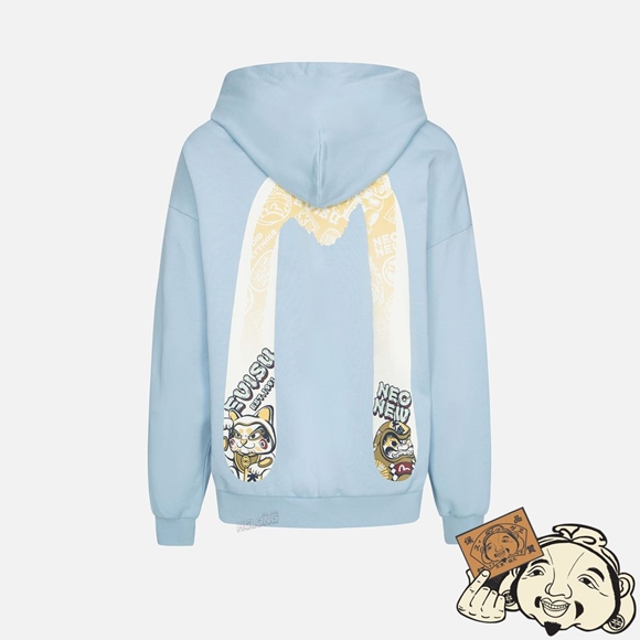 Women Evisu “FORTUNE CAT AND DARUMA” DOUBLE DAICOCK PRINT HOODED SWEATSHIRT Bleu | 602NBTOZC