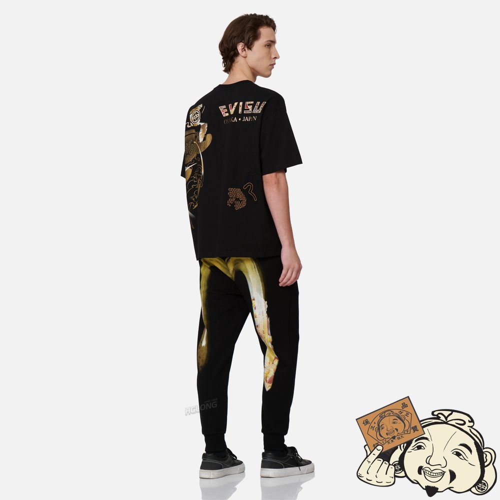 Men Evisu 2-LAYER HAND-BRUSHED DAICOCK FOIL PRINT SWEATPANTS Noir | 905EHONTK