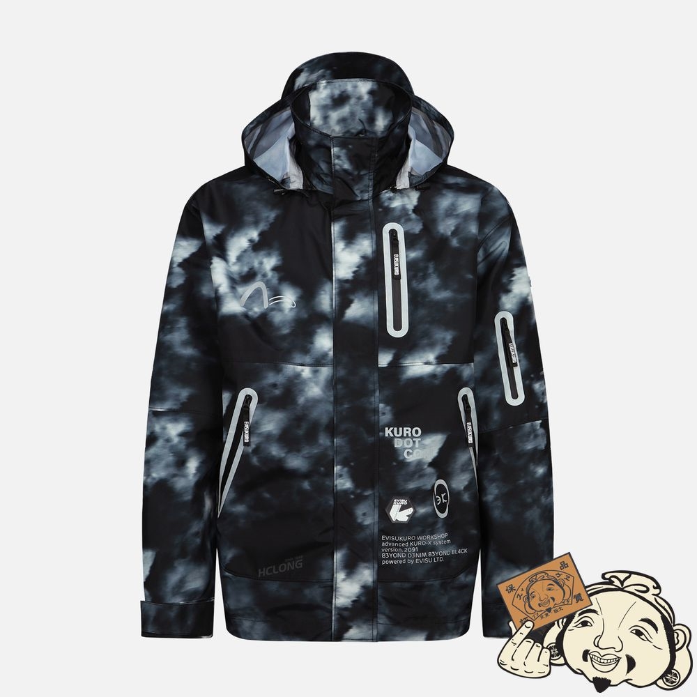 Men Evisu ALLOVER DIGITAL PRINT HOODED WINDBREAKER Noir | 846MYQLOS