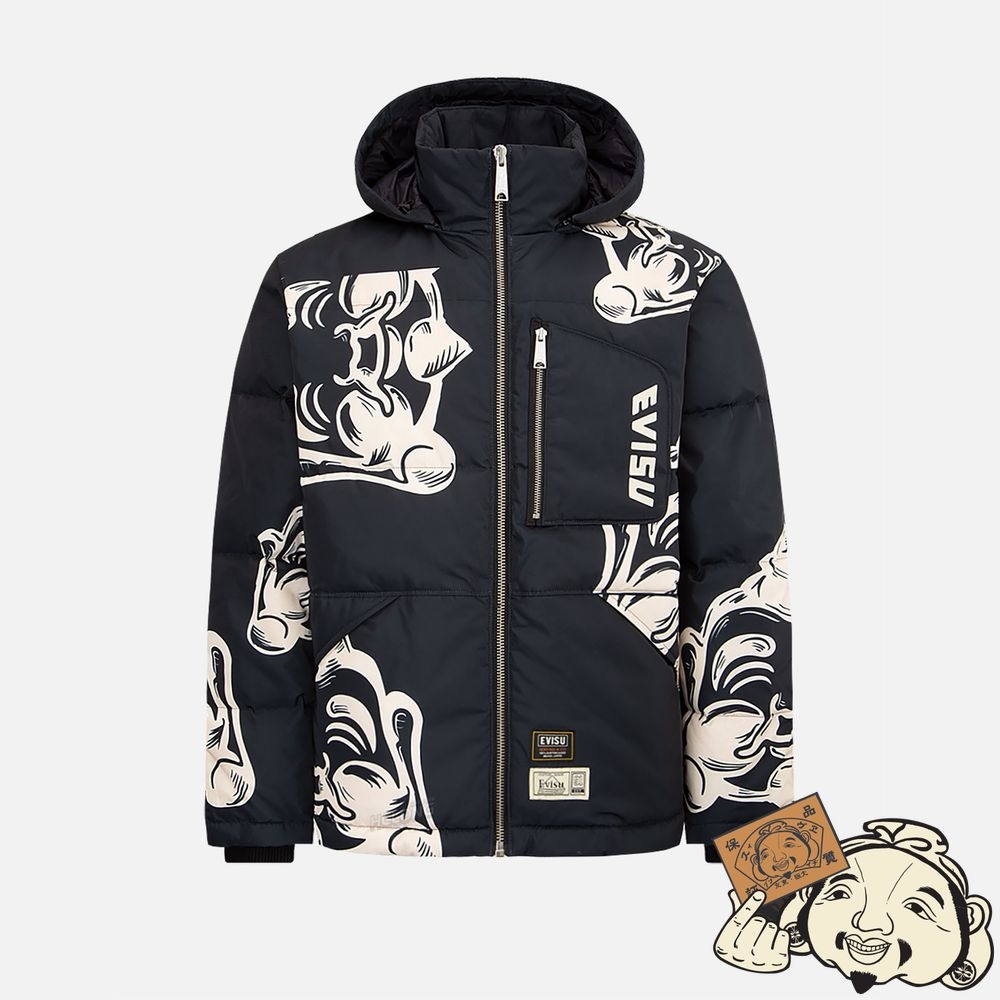 Men Evisu ALLOVER GODHEAD PRINT DOWN JACKET Noir | 569NWBSEC