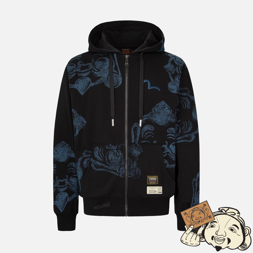 Men Evisu ALLOVER GODHEAD PRINT ZIP-UP HOODIE Noir | 980UDAECF