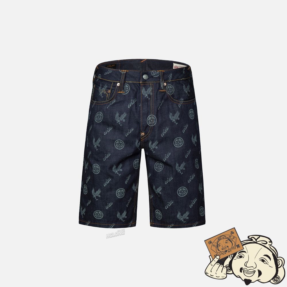 Men Evisu ALLOVER KAMON AND EAGLE PRINT DENIM SHORTS Indigo | 532FACTSG