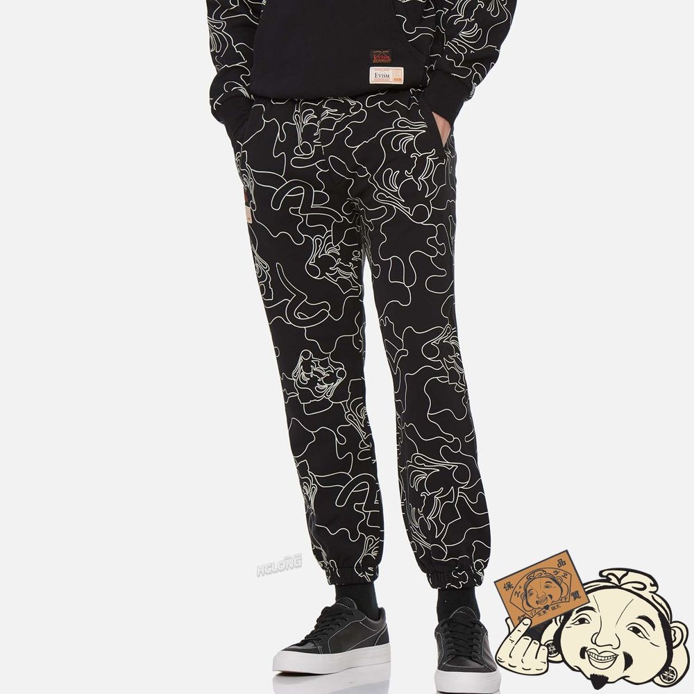 Men Evisu ALLOVER LINEAR CAMOUFLAGE PRINT SWEATPANTS Noir | 309RCMXBL