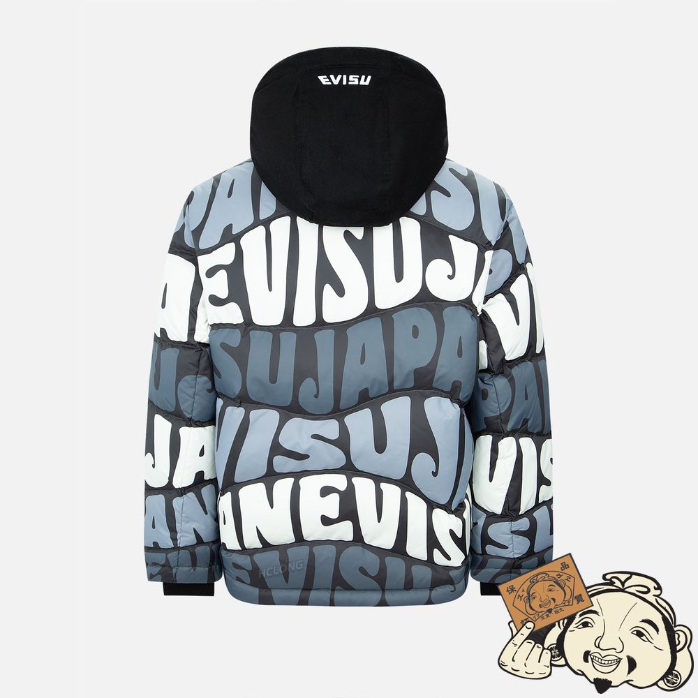 Men Evisu ALLOVER WAVY TEXT PRINT DOWN JACKET Noir | 913ILDNOQ