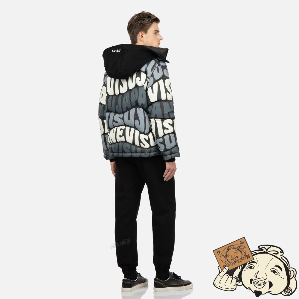 Men Evisu ALLOVER WAVY TEXT PRINT DOWN JACKET Noir | 913ILDNOQ