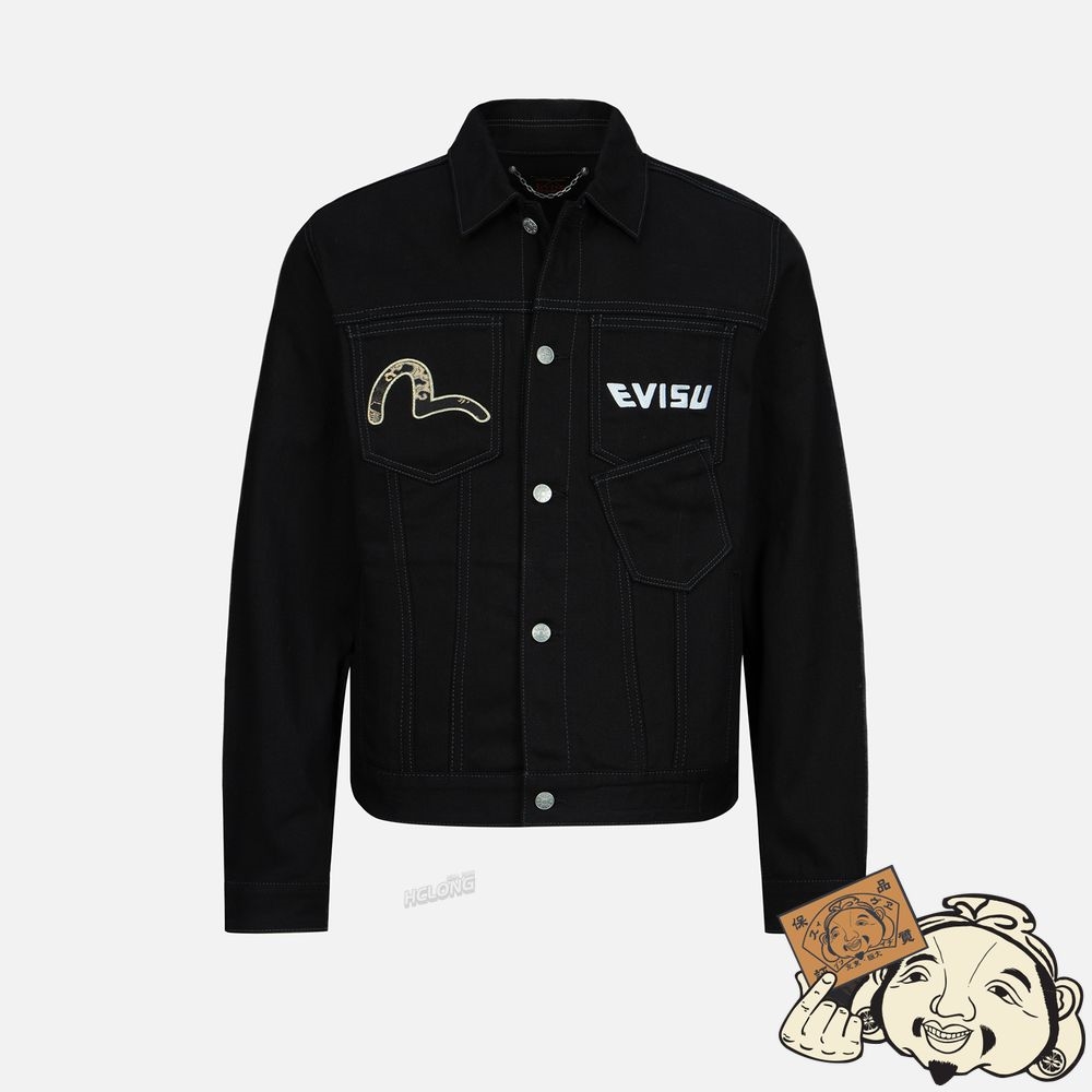 Men Evisu BROCADE PATTERN LOGO AND KAMON EMBROIDERED DENIM JACKET Noir | 527IGSBRN