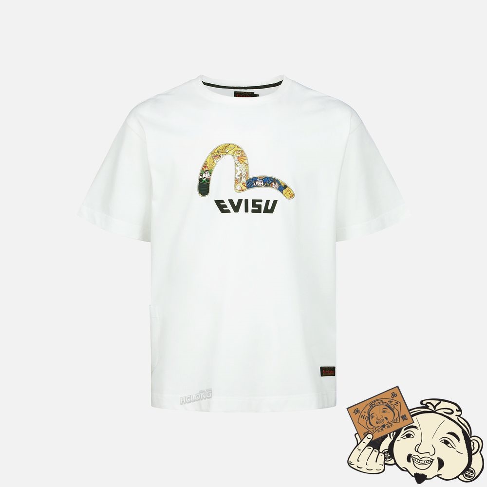 Men Evisu BROCADE-PATTERN SEAGULL APPLIQUÉ MULTI-POCKET T-SHIRT Blanche | 512EVTRXO