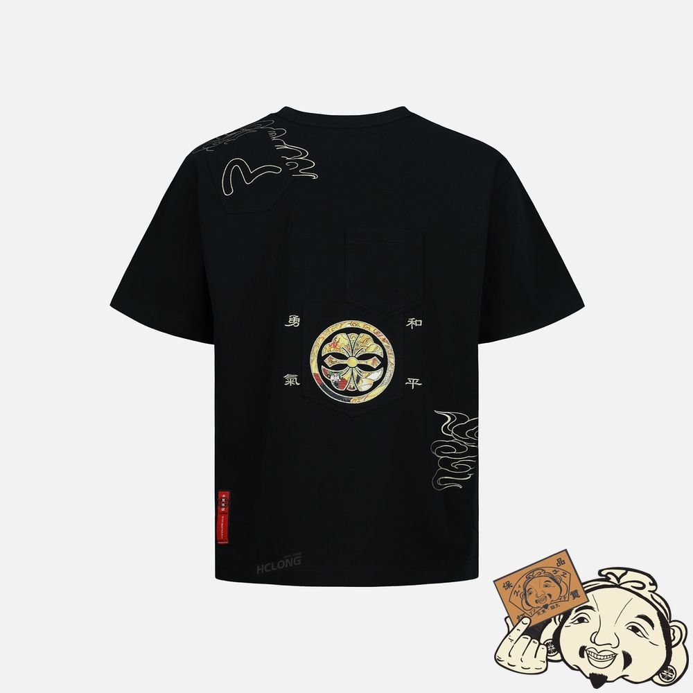 Men Evisu BROCADE-PATTERN SEAGULL APPLIQUÉ MULTI-POCKET T-SHIRT Noir | 920YADOVE