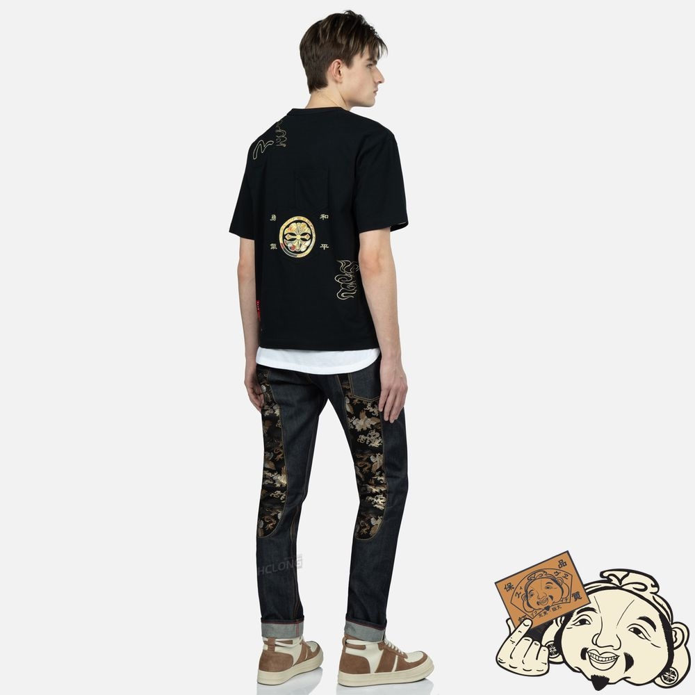 Men Evisu BROCADE-PATTERN SEAGULL APPLIQUÉ MULTI-POCKET T-SHIRT Noir | 920YADOVE