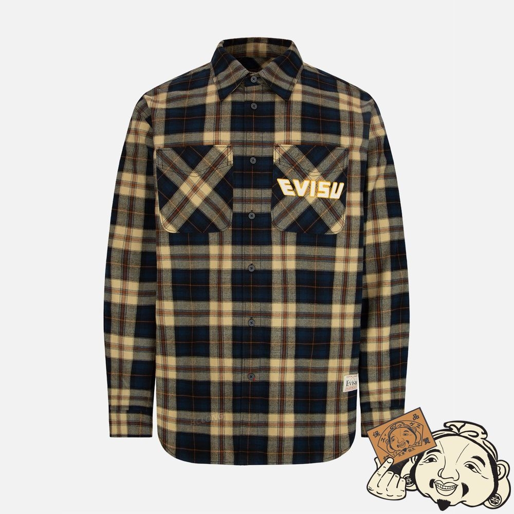 Men Evisu DARUMA AND KAMON PRINT CHECKED FLANNEL SHIRT MULTIPLE | 372RXUYHE