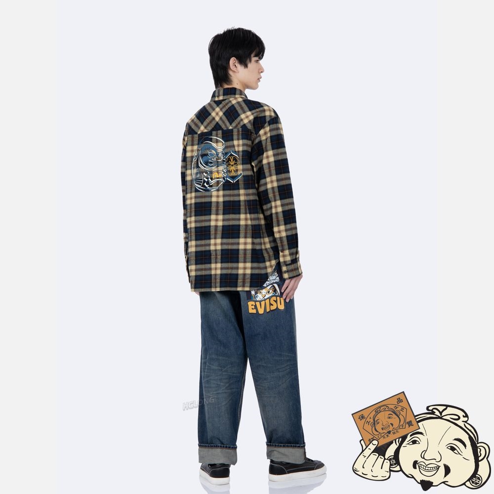 Men Evisu DARUMA AND KAMON PRINT CHECKED FLANNEL SHIRT MULTIPLE | 372RXUYHE