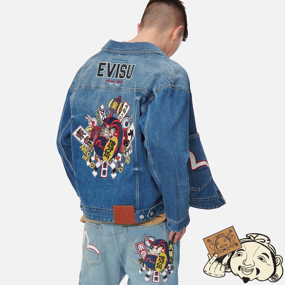 Men Evisu DARUMA BONSAI EMBROIDERED DENIM JACKET Indigo | 240OEYQIN