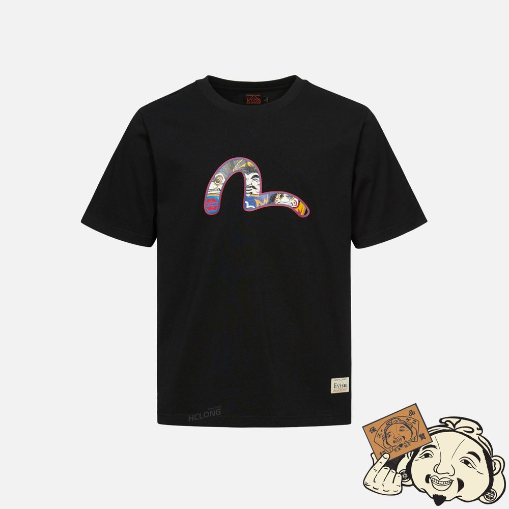 Men Evisu DARUMA BROTHERS AND SEAGULL PRINT T-SHIRT Noir | 082HGERCY