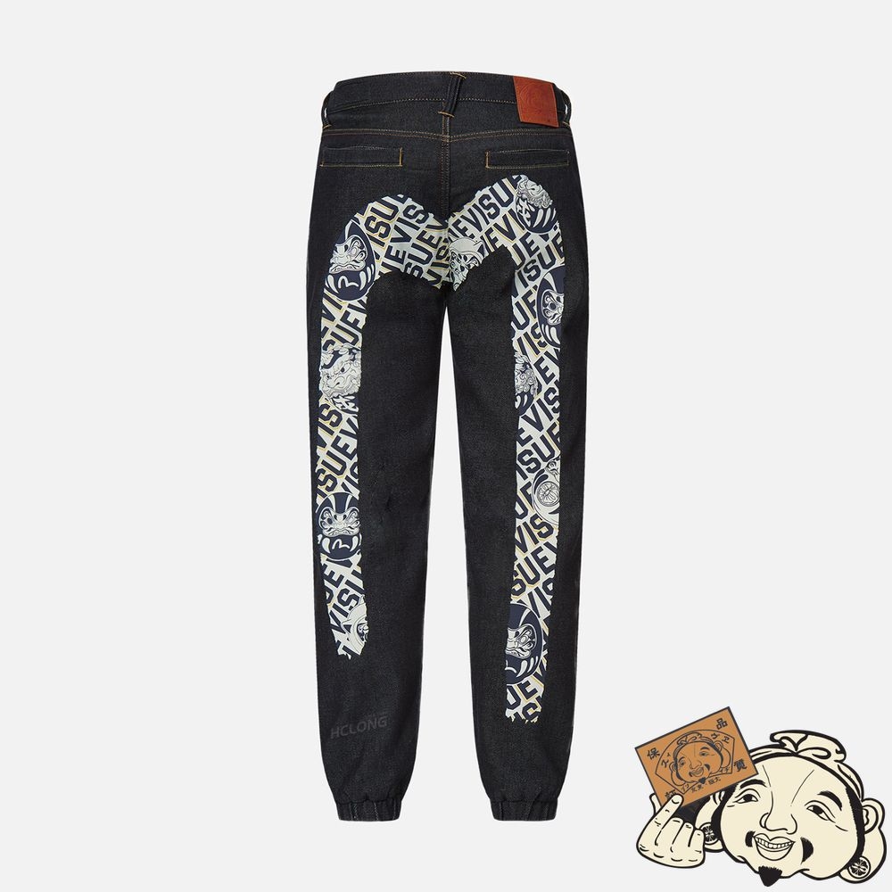 Men Evisu DARUMA BUDDIES DAICOCK PRINT DENIM JOGGER PANTS Indigo | 108JOWVEQ