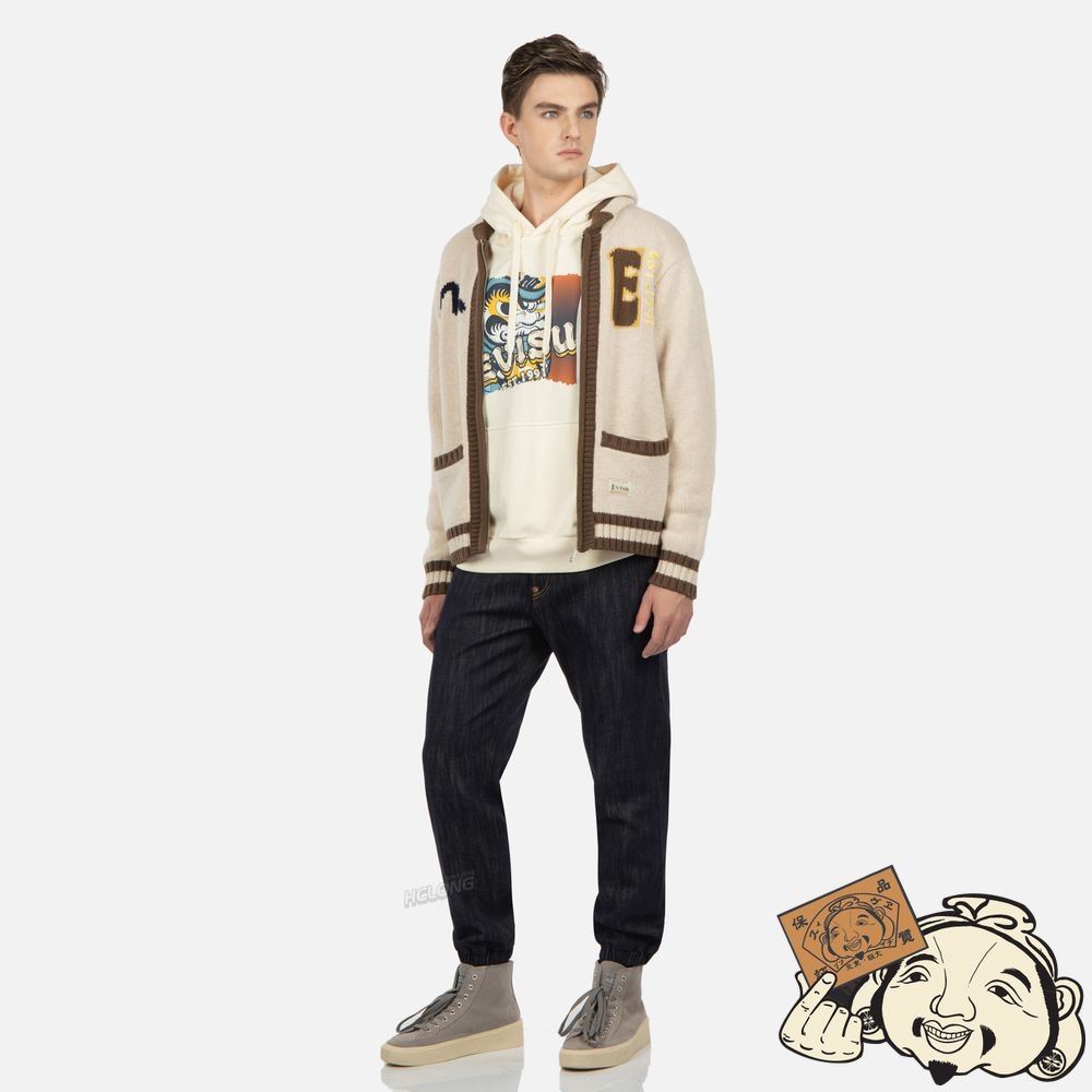 Men Evisu DARUMA INTARSIA-KNIT ZIP-UP SWEATER Beige | 398FAMEXQ