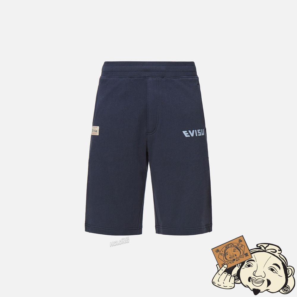 Men Evisu DOUBLE DARUMA DAICOCK PRINT SWEAT SHORTS Bleu Marine | 217WONAXB