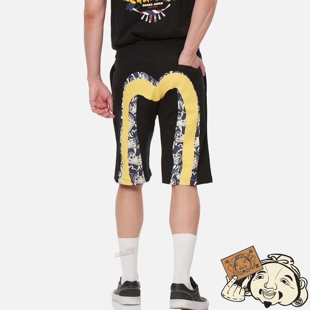 Men Evisu DOUBLE DARUMA DAICOCK PRINT SWEAT SHORTS Noir | 548KJRXLD