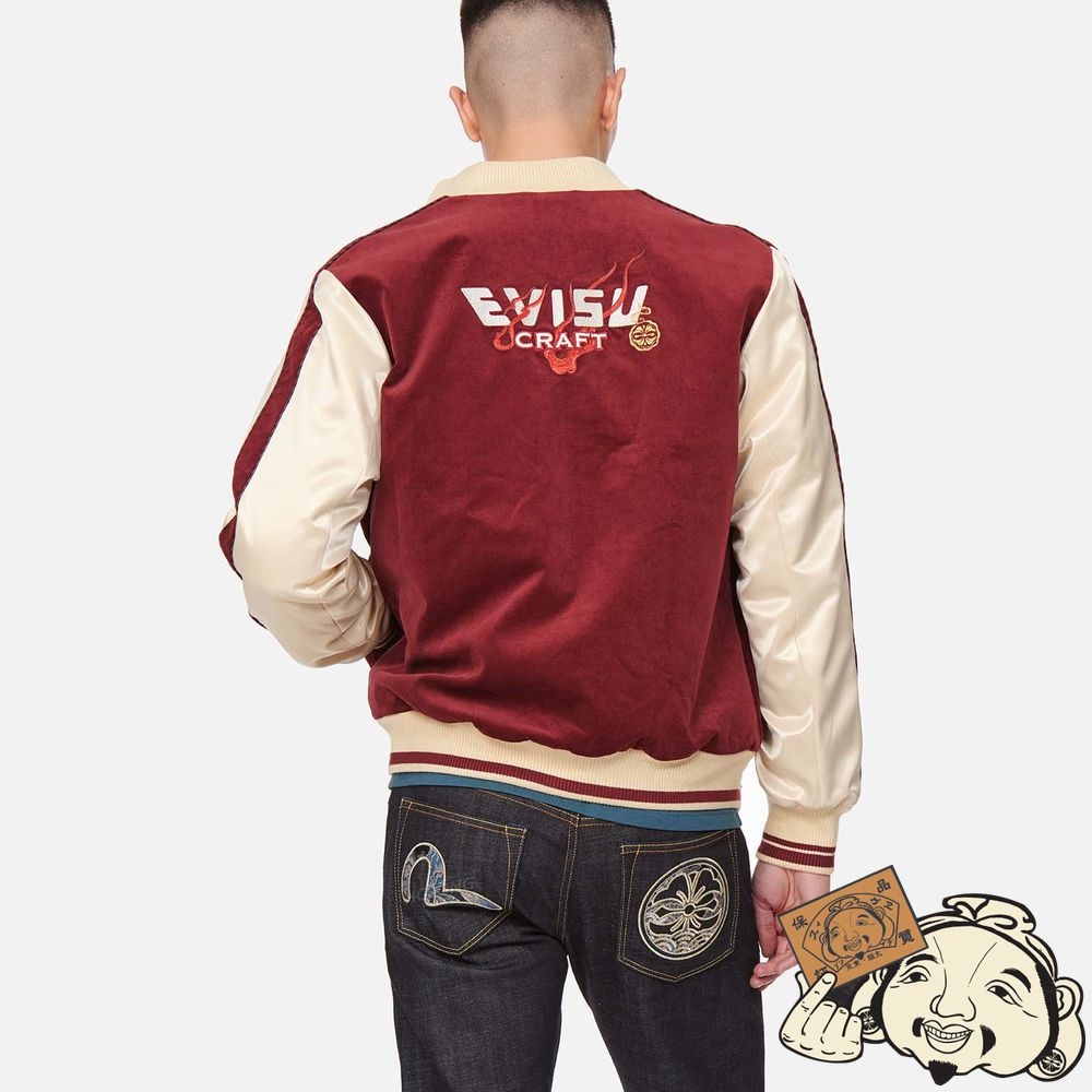 Men Evisu DRAGON EMBROIDERY FABRIC-MIXED SOUVENIR JACKET Rouge | 948FNYHZO