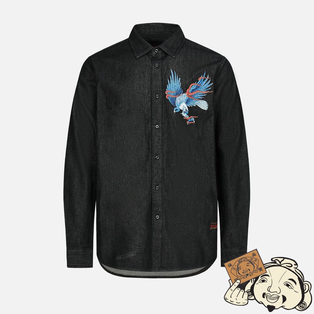 Men Evisu EAGLE AND SEAGULL EMBROIDERY DENIM SHIRT Noir | 915ITVJDQ