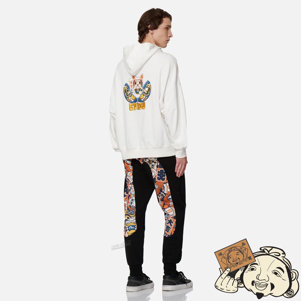 Men Evisu EVISU SQUAD DAICOCK PRINT WITH FORTUNE CAT EMBROIDERY SWEATPANTS Noir | 897AVPEDB