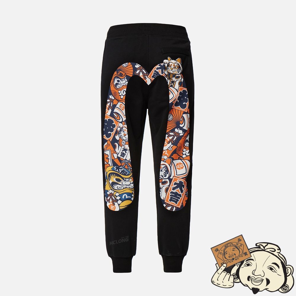 Men Evisu EVISU SQUAD DAICOCK PRINT WITH FORTUNE CAT EMBROIDERY SWEATPANTS Noir | 897AVPEDB