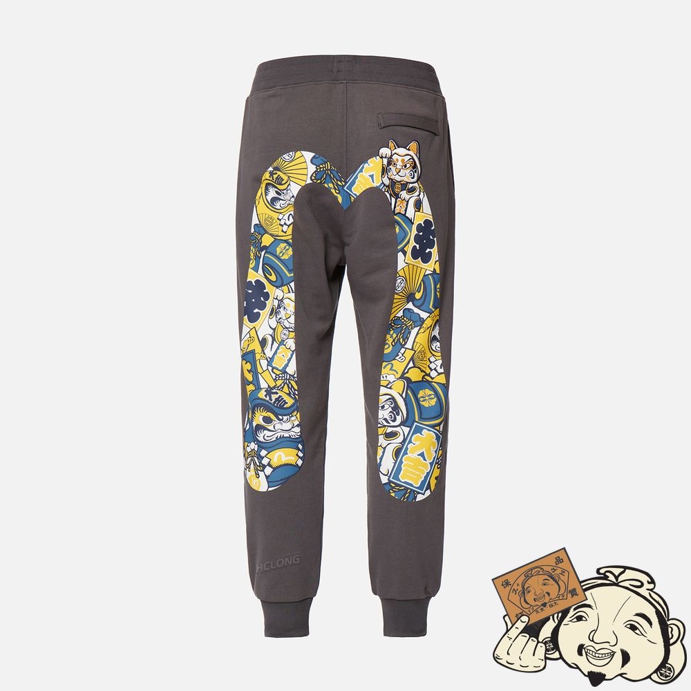 Men Evisu EVISU SQUAD DAICOCK PRINT WITH FORTUNE CAT EMBROIDERY SWEATPANTS CHARCOAL | 943BLKZHU