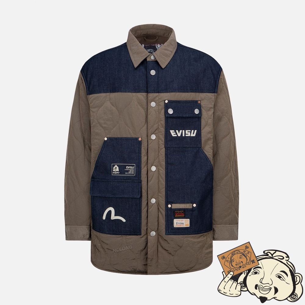 Men Evisu FABRIC-MIXED QUILTED SHIRT Kaki | 650IDGSCE