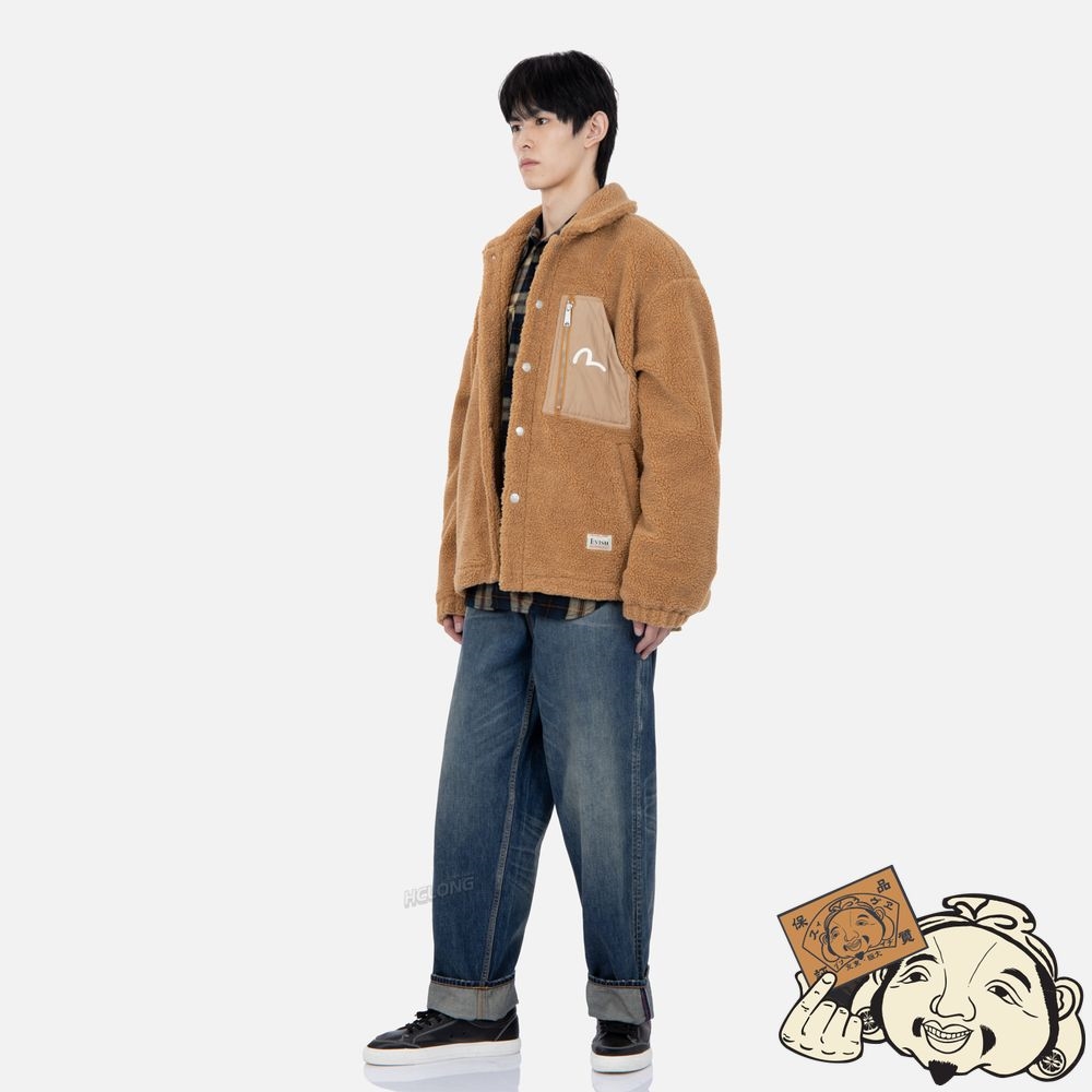 Men Evisu Fortune Cat Appliqué Sherpa Jacket Marron | 609YKOZDL