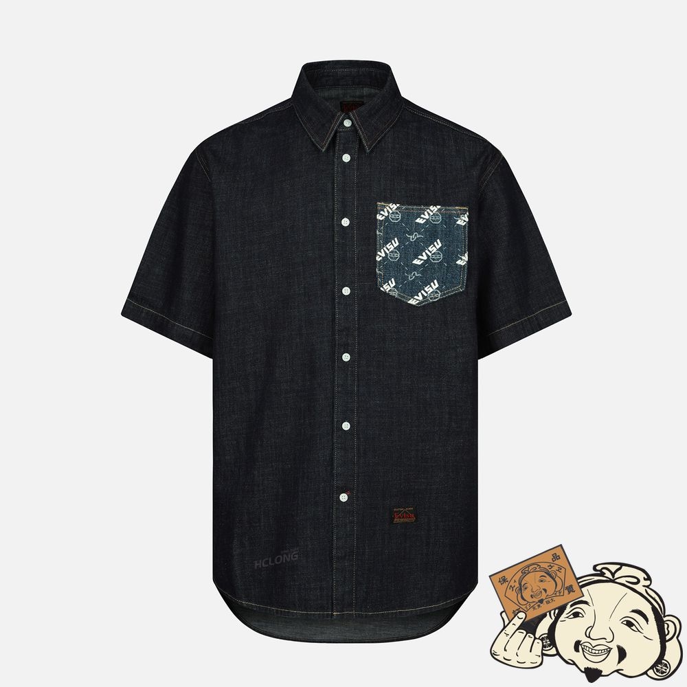 Men Evisu GODHEAD AND KAMON PRINT DENIM SHIRT Indigo | 826RZMVGU