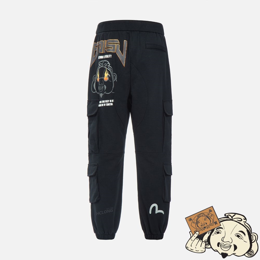 Men Evisu GODHEAD AND LOGO PRINT CARGO PANTS Noir | 605HEXTCN