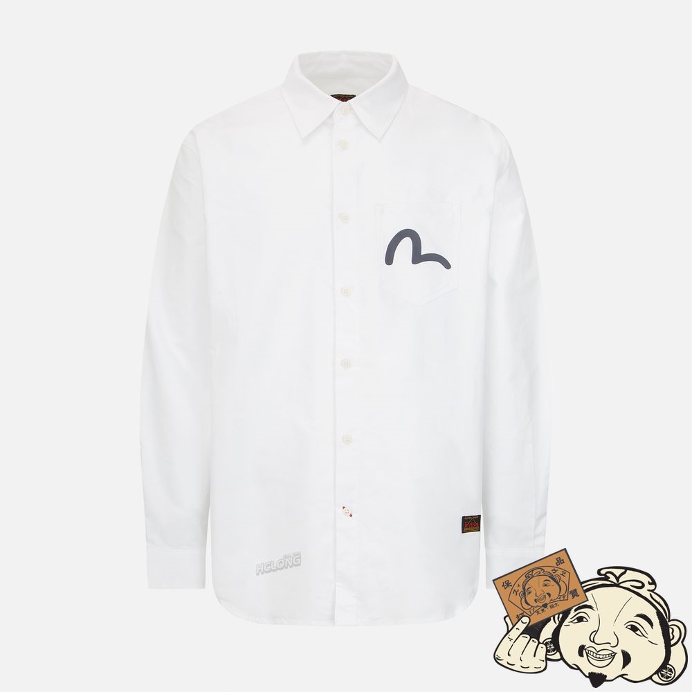 Men Evisu GODHEAD PRINT OXFORD SHIRT Blanche | 459NOWCSR