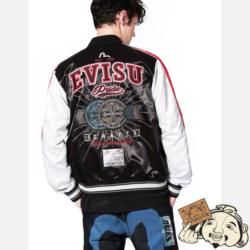 Men Evisu KAMON AND ARROW UNISEX SOUVENIR JACKET EMBELLISHED WITH CRYSTALS BY PRECIOSA Noir | 605HCTXKW