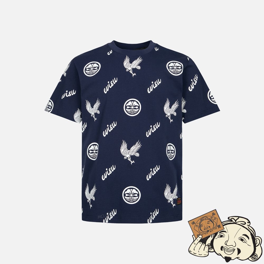 Men Evisu KAMON AND EAGLE ALLOVER PRINT T-SHIRT Bleu Marine | 180NXCJLT