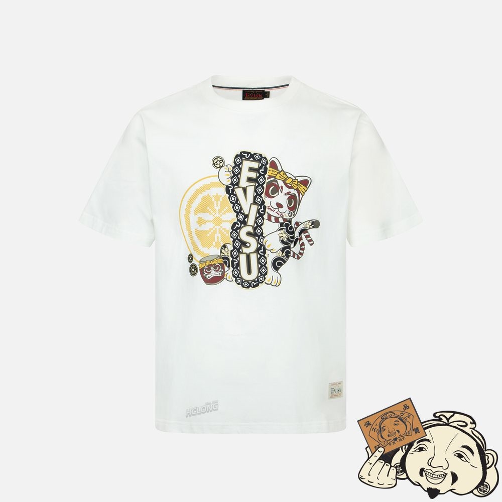 Men Evisu KAMON AND FORTUNE CAT PRINT T-SHIRT Blanche | 529XGMZFV