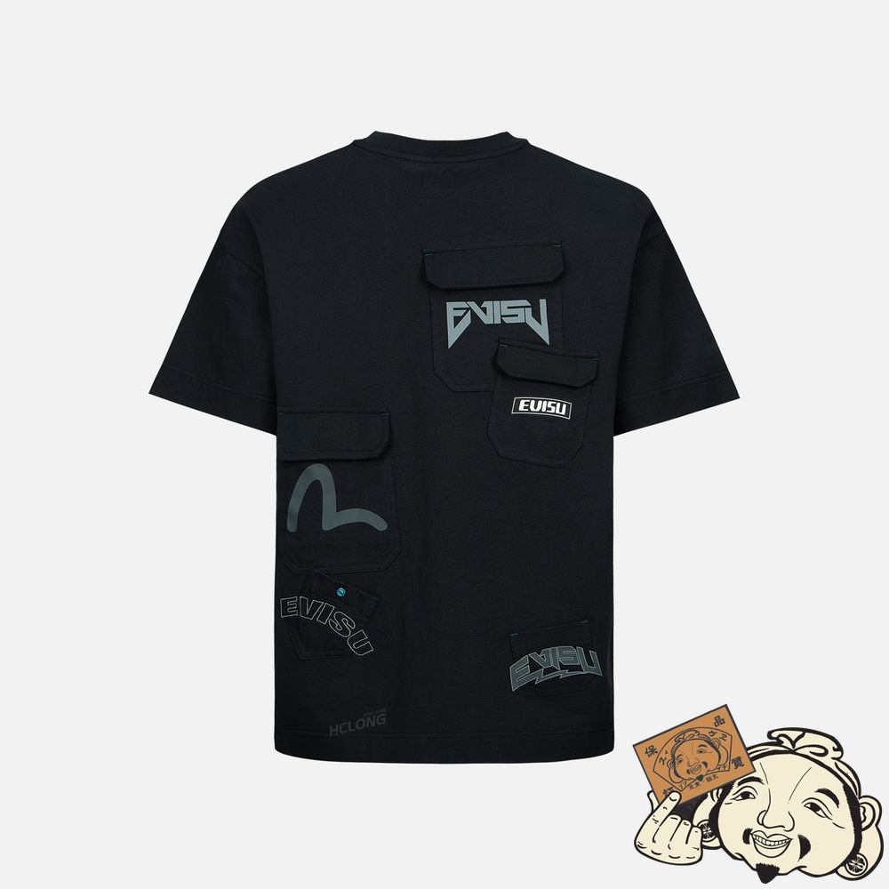 Men Evisu LOGO AND SEAGULL PRINT MULTI-POCKET T-SHIRT Noir | 841CLDMRF