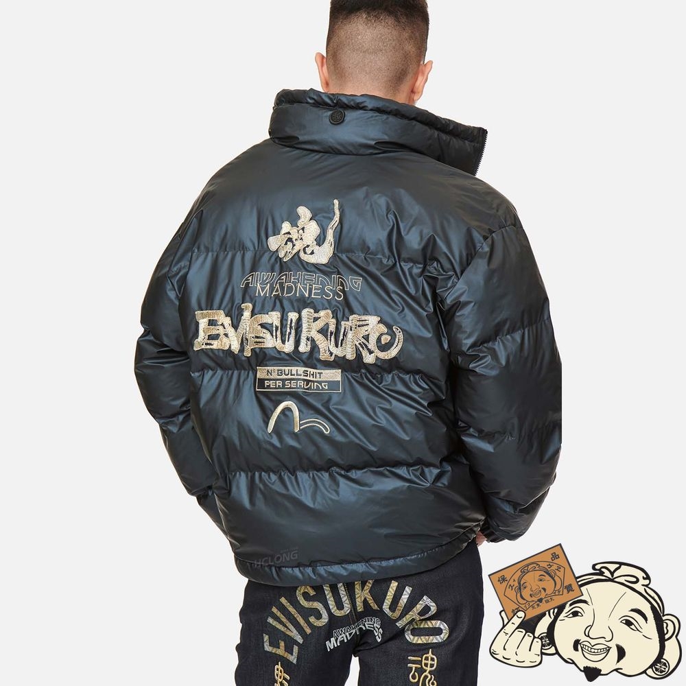 Men Evisu LOGO AND SLOGAN EMBROIDERED METALLIC PADDED JACKET Noir | 026FUNLXG